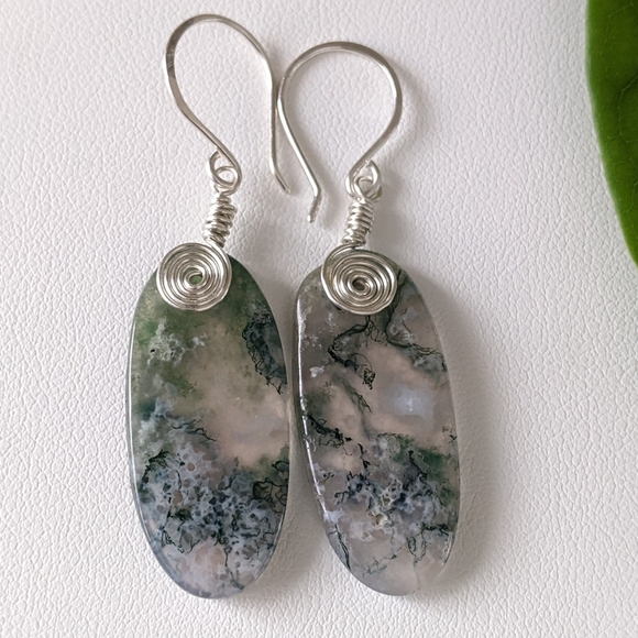 Sterling Silver Earrings Earthy Green Moss Agate Gems Bohemian Spiral Details - Picture 11 of 15